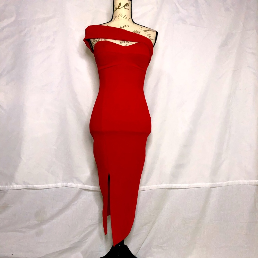 Boohoo One Shoulder Thigh Split Midi Dress